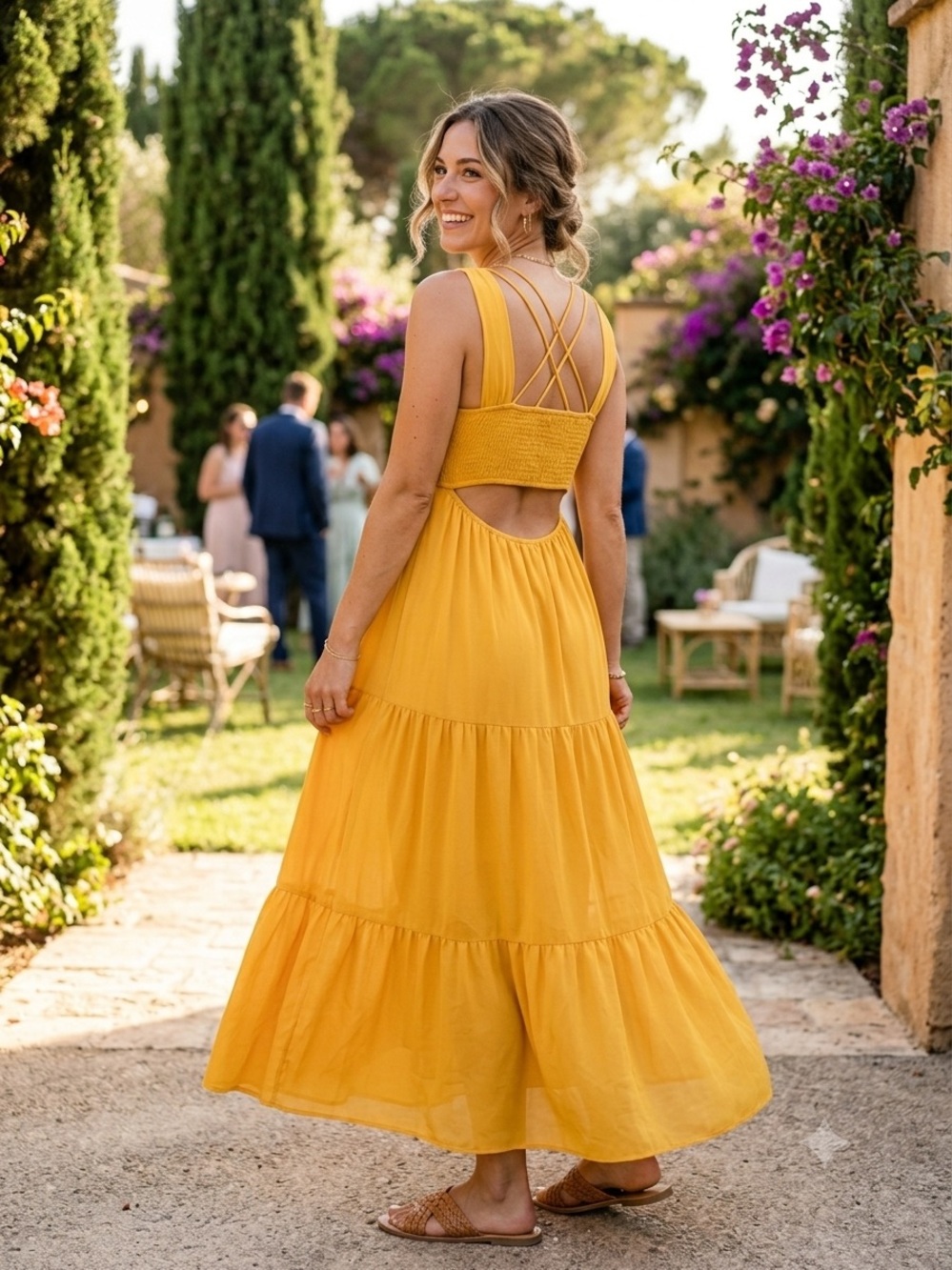 SkyLar Rose M Yellow Smocked Tiered Maxi Dress V-Neck Strappy Open Back Summer